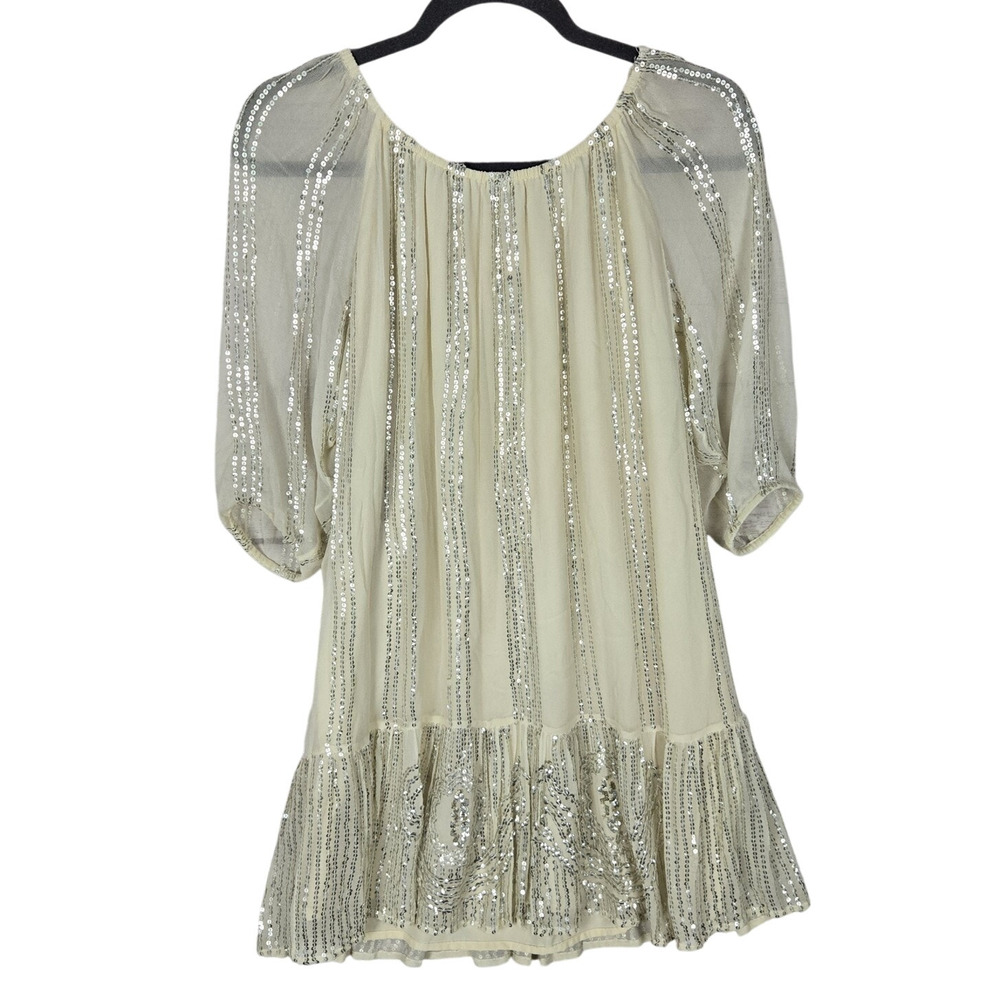 Carolina K Sequin Dress M Cream Cottagecore Sheer Sleeve Ruffle Tier Fairy Glam - Picture 2 of 15